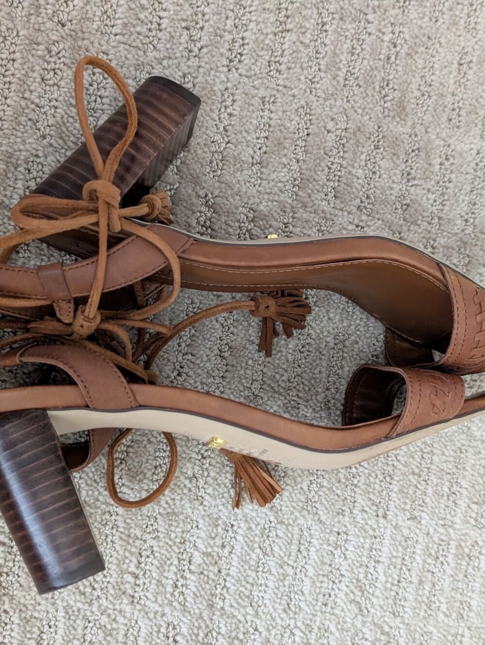 Ralph Lauren Cognac Leather Ankle-Tie Block Heel Sandals 9.5 - Picture 9 of 11